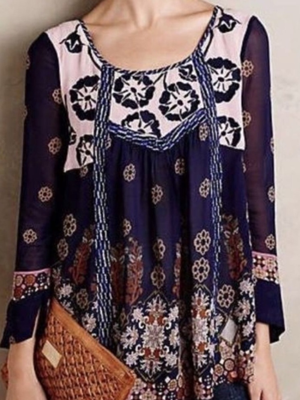 Anthropologie FLOREAT Embroidered Sheer Floral Boho Peasant Top